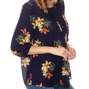Navy Floral Pintuck Blouse